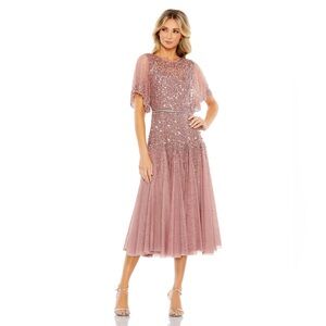 CAPE SLEEVE BEADED TEA LENGTH A-LINE DRESS Mother of the Bride Wedding Flowy